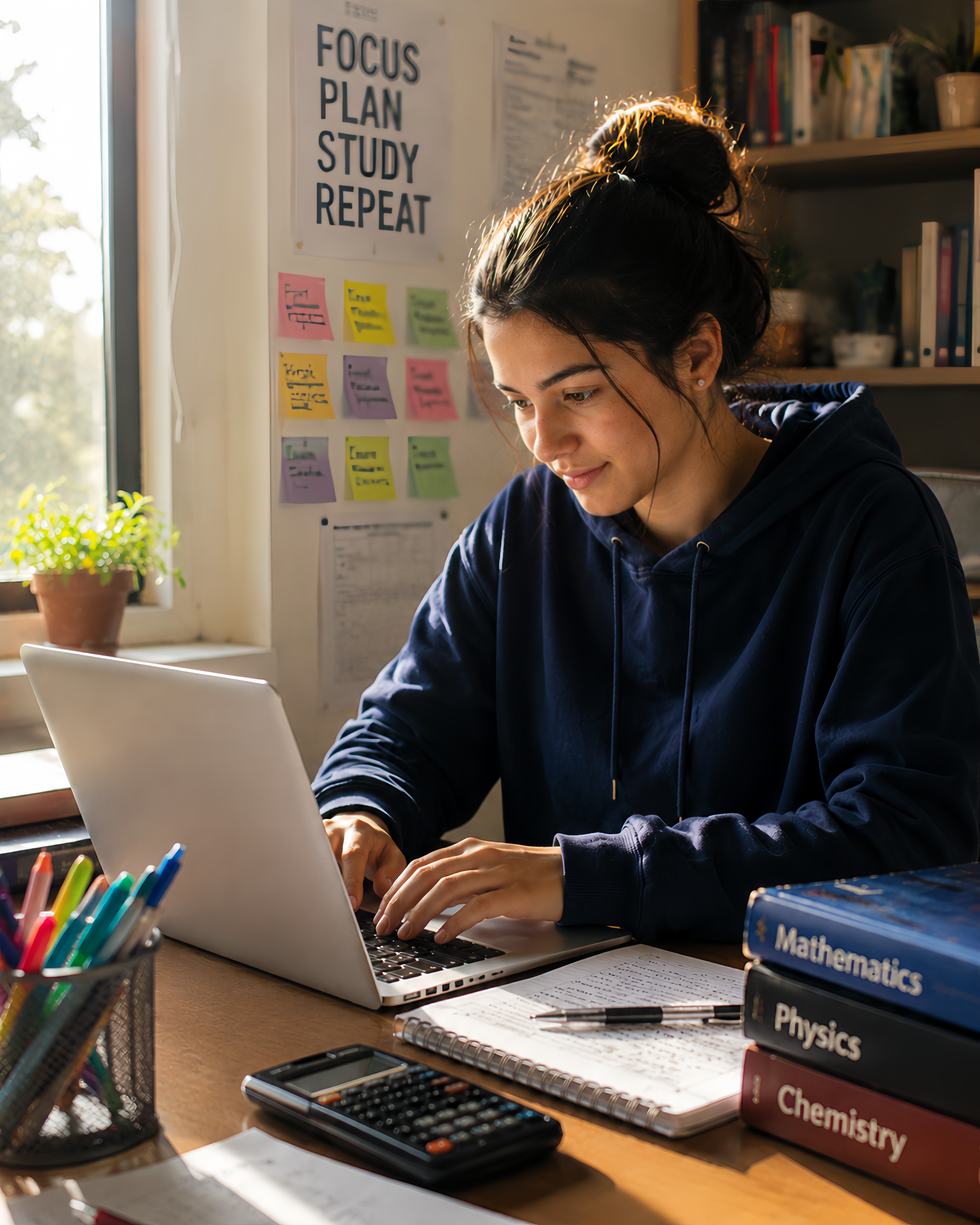 Student studying at her desk with a laptop, textbooks and revision sticky notes